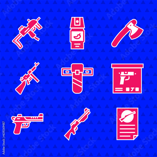 Set Knife holster, Hunting gun, Firearms license certificate, Military ammunition box, Desert eagle, Tommy, Wooden axe and MP9I submachine icon. Vector