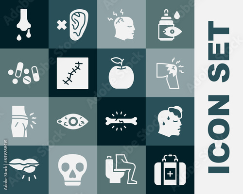 Set First aid kit, High human body temperature, Joint pain, knee pain, Man having headache, Scar with suture, Medicine pill or tablet, Runny nose and Apple icon. Vector