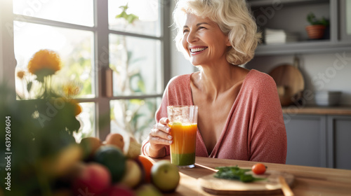 Beautiful middle-aged woman sits in the kitchen of her home and smiles while holding a smoothie glass in her hands