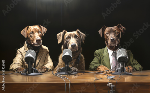 Three dogs with human clothes hold a press conference and interview at the press conference with microphones in front of them.