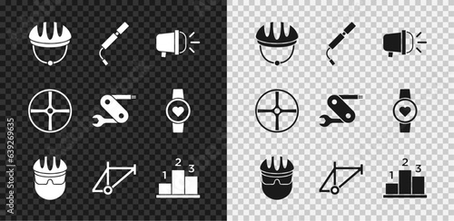 Set Bicycle helmet, air pump, head lamp, frame, Award over sports winner podium, wheel and Swiss army knife icon. Vector
