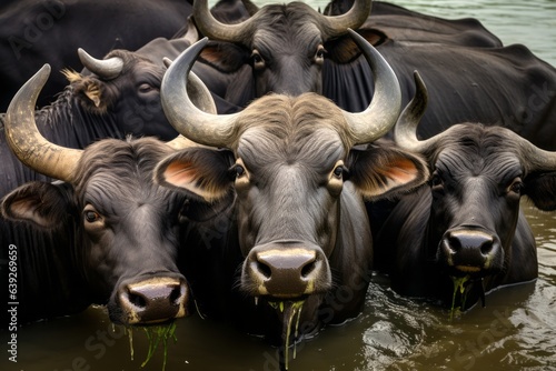 Herd of water buffalo are packed together in the water and look at the viewer.