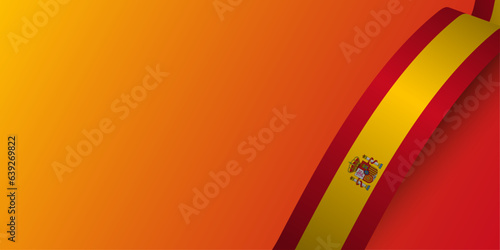 Waving Spain Flag on yellow and red gradient banner. Realistic Kingdom of Spain flag on colored background. Vector Illustration. EPS 10
