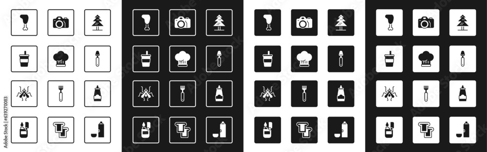 Set Tree, Chef hat, Paper glass with water, Chicken leg, Spoon, Photo camera, Sauce bottle and Mosquito icon. Vector Set Tree, Chef hat, Paper glass with water, Chicken leg, Spoon, Photo camera, Sauce bottle and Mosquito icon. Vector