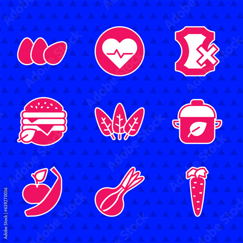 Set Leaf, Onion, Carrot, Vegan food diet, Apple and banana, No leather and Chicken egg icon. Vector