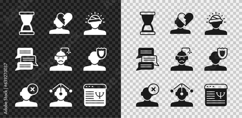 Set Old hourglass, Broken heart or divorce, Concussion, headache, Solution problem in psychology, Hypnosis, Online psychological counseling, and icon. Vector