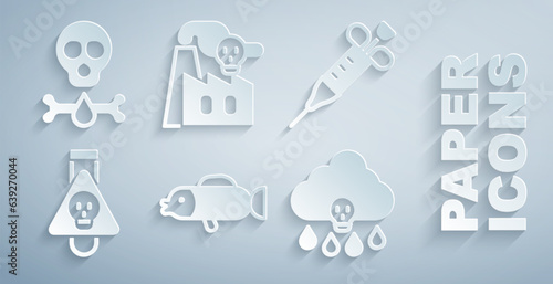 Set Puffer fish, Syringe, Bottle with potion, Acid rain, Smoke from factory and Bones and skull icon. Vector