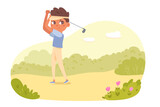 Young golfer playing golf vector illustration. Cartoon isolated summer landscape scene with small boy professional player in swing pose, kid in cap holding golf club to hit ball, training on grass
