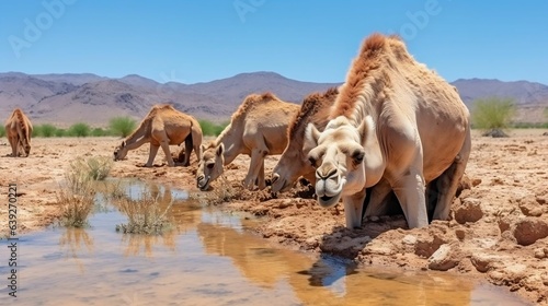 Camels resting by cool watering hole in arid desert 