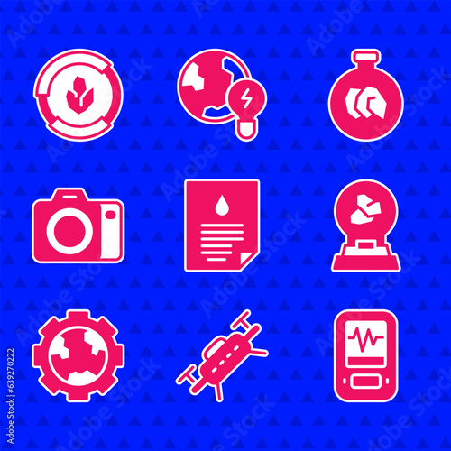 Set Oil drop document, Drone, Seismograph, Exhibition with minerals, rocks, Gear wheels and earth, Photo camera, and Soil analysis icon. Vector