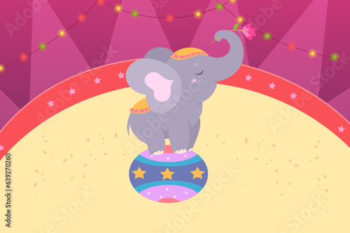Balance performance of circus elephant vector illustration. Cartoon isolated funny baby animal acrobat performing carnival show and standing on ball  cute happy performer holding flower in trunk