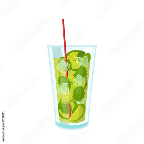 Cocktail Mojito in glass vector illustration. Cartoon isolated cup with green summer alcohol drink and ice cubes and drinking straw, tropical fresh beverage for beach pool party in bar