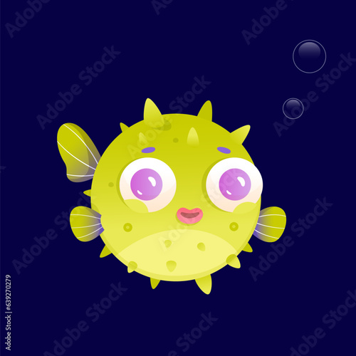 Puffer fish, cute sea underwater animal, tropical baby blowfish character with funny face