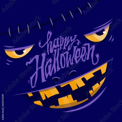 Smiling Zombie Head. Cartoon illustration for Halloween. Freehand cursive text. A frightening smile and yellow lighting eyes on blue background. Minimalist illustration for postcard, poster, banner