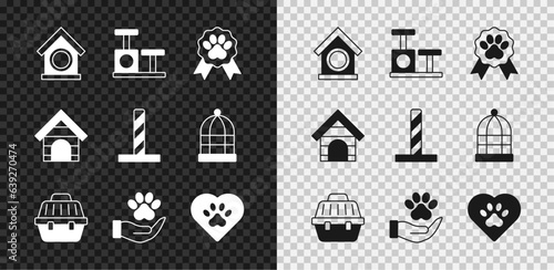 Set Dog house, Cat scratching post with toy, Pet award symbol, carry case, Hands animals footprint, Heart, and icon. Vector