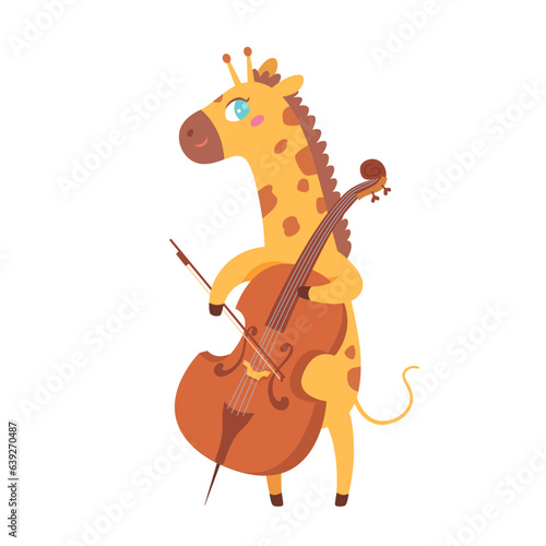 Cute giraffe playing cello, funny happy baby animal cellist holding bow and violoncello