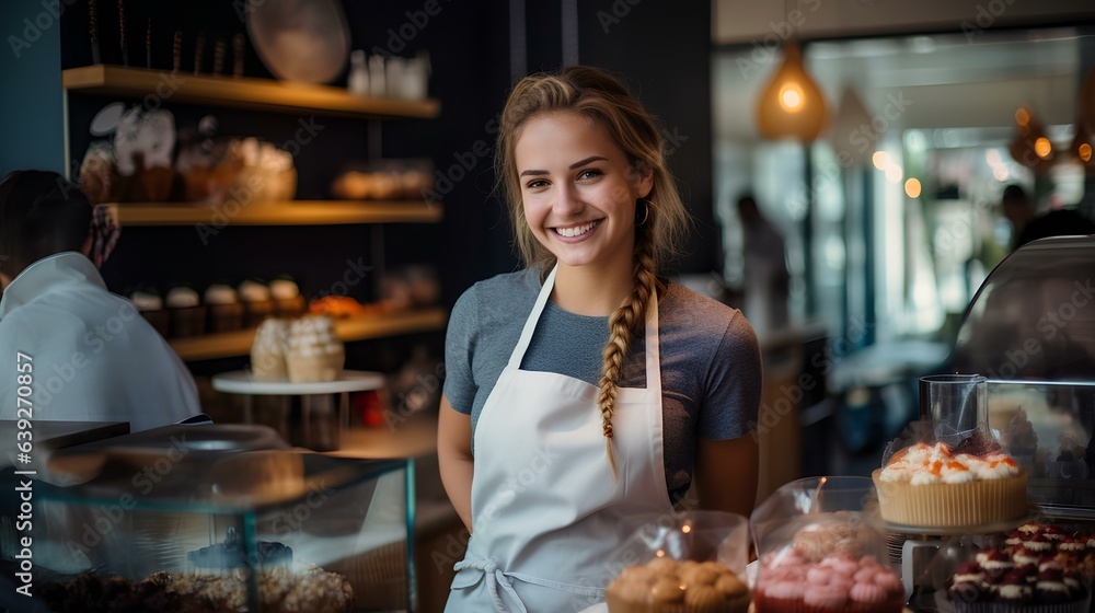 A pretty smiling girl behind the counter of a cafe, a seller or a waiter. A pretty smiling girl behind the counter of a cafe, a seller or a waiter.