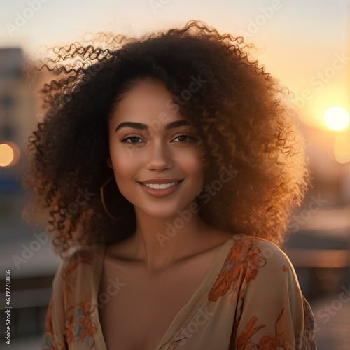 Close up portrait of a young smiling attractive African Latin American woman. during a sunset.Empowered woman, positive emotions 