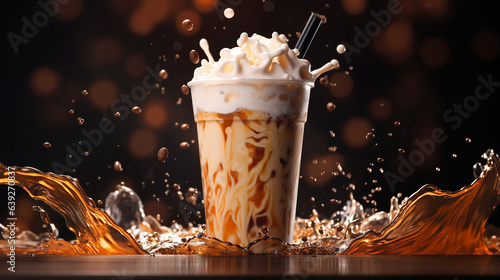 Iced coffee poured down into a takeaway cup on a blackboard background with flying coffee beans