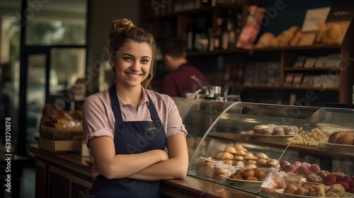 A pretty smiling girl behind the counter of a cafe, a seller or a waiter.
