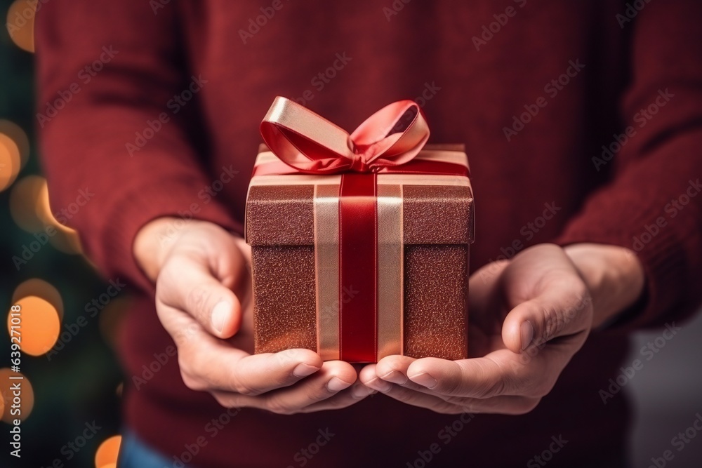 Close-up image of present with ribbon in hands of man. Generative ai Close-up image of present with ribbon in hands of man. Generative ai