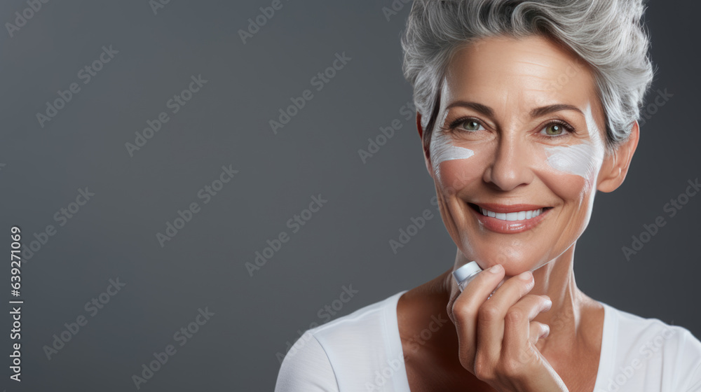 Middle-aged woman applies a rejuvenating cream to her face. Created with Generative AI technology. Middle-aged woman applies a rejuvenating cream to her face. Created with Generative AI technology.
