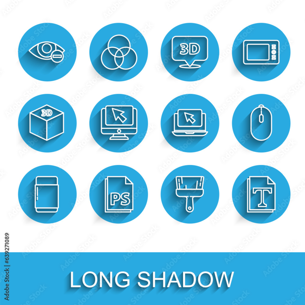 Set line Eraser or rubber, PS File document, Red eye effect, Paint brush, Text file, Computer monitor and cursor, mouse and Laptop icon. Vector Set line Eraser or rubber, PS File document, Red eye effect, Paint brush, Text file, Computer monitor and cursor, mouse and Laptop icon. Vector
