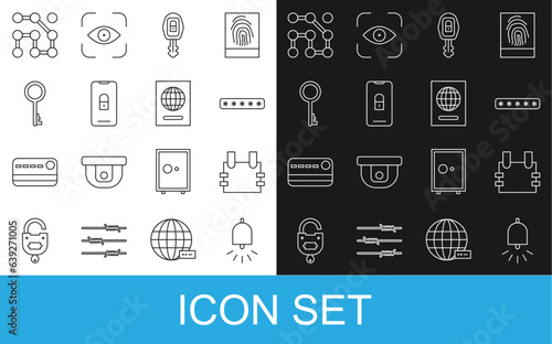 Set line Ringing alarm bell, Bulletproof vest, Password protection, Car key with remote, Mobile closed padlock, Old, Graphic password and Passport icon. Vector