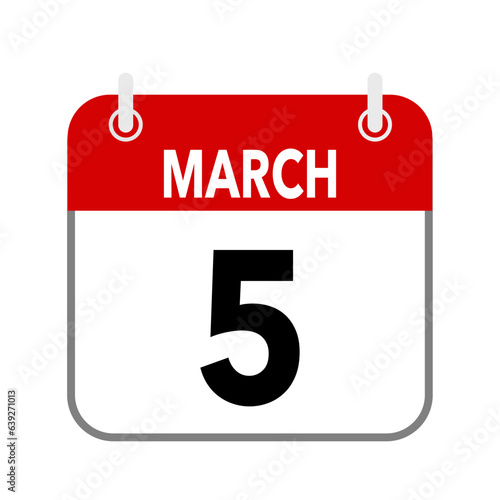 5 March, calendar date icon on white background.