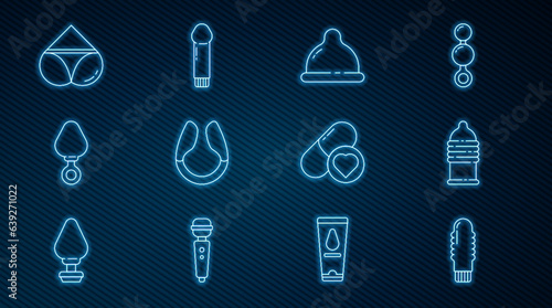 Set line Dildo vibrator, Condom safe sex, Anal plug, Woman panties, Pills for potency, aphrodisiac and icon. Vector