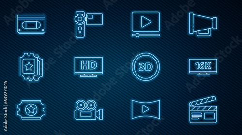 Set line Movie clapper, Screen tv with 16k, Online play video, Smart display HD, Cinema ticket, VHS cassette tape, 3D word and camera icon. Vector