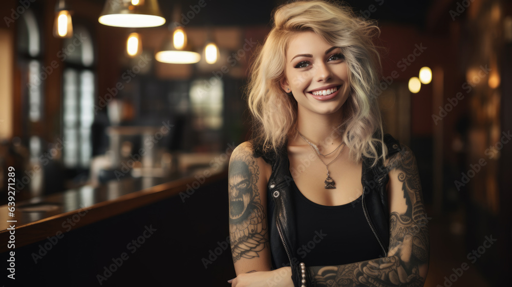Female tattoo master at a tattoo salon Female tattoo master at a tattoo salon