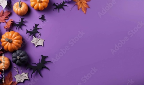 Halloween flat lay composition with pumpkins, bony hands, spiders, bats on purple background. Happy halloween banner mockup, AI generator