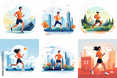 Flat illustration Woman and man running against the backdrop of the city.
