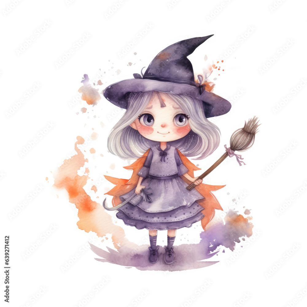 Cute little witch in Halloween Hat with a broom, Watercolor illustration