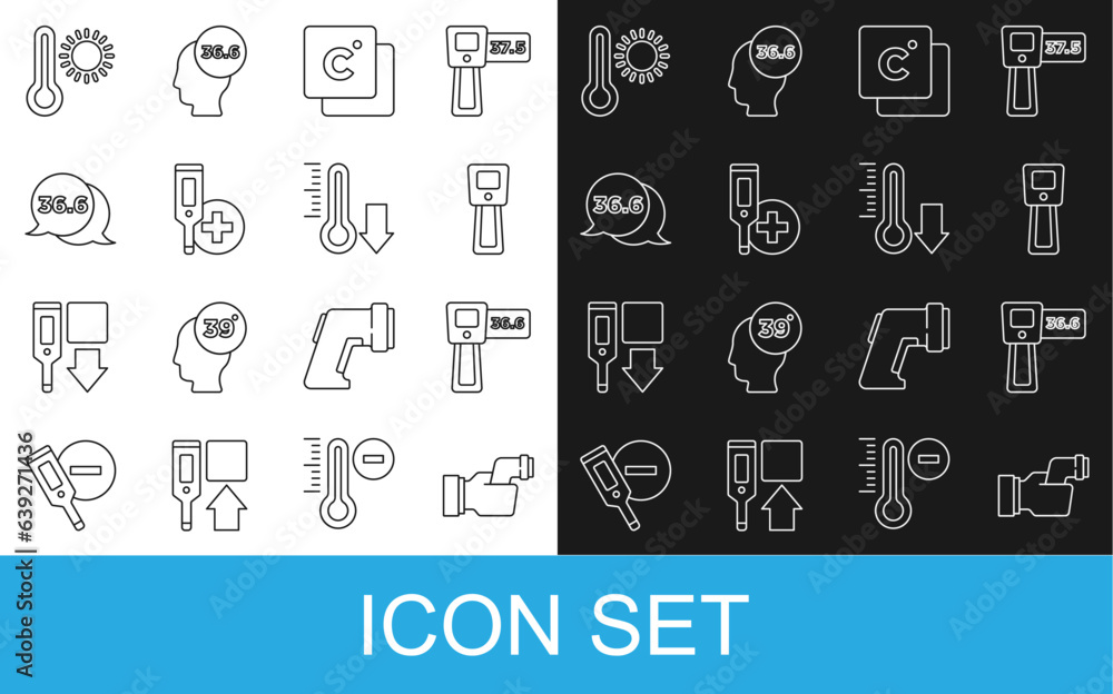 Set line Checking body temperature, Digital thermometer, Celsius, Medical, Meteorology and icon. Vector Set line Checking body temperature, Digital thermometer, Celsius, Medical, Meteorology and icon. Vector