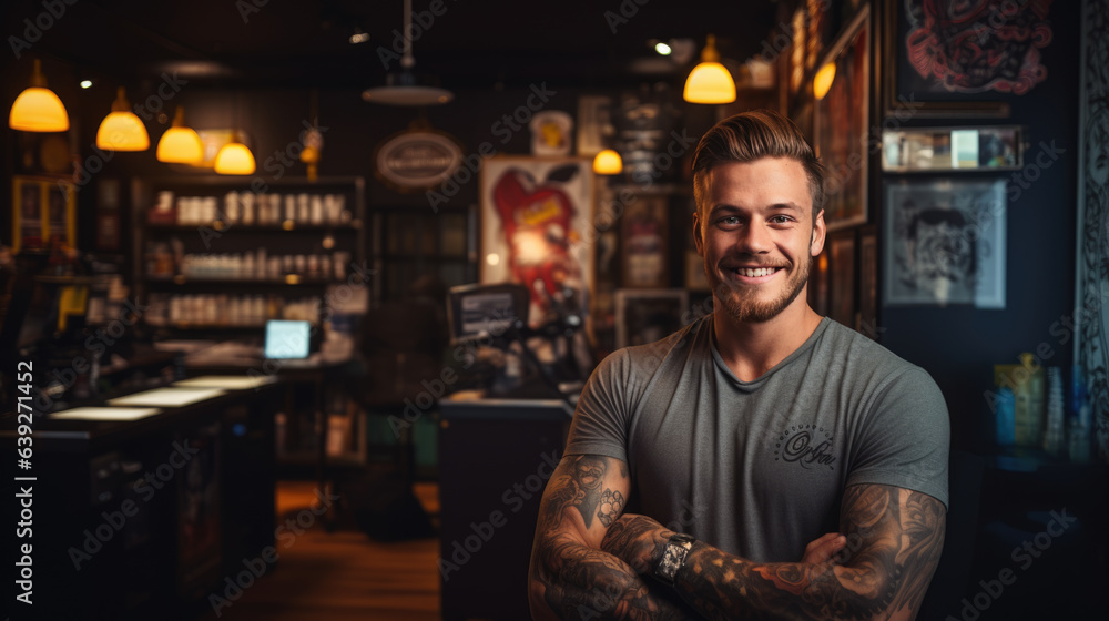 A male tattoo artist at a tattoo parlor A male tattoo artist at a tattoo parlor