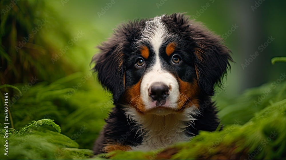 Cute Bernese Mountain Dog Puppy Portrait in Green Natural Background. Perfect Pet for Animal Lovers