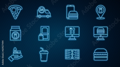 Set line Burger, Online ordering and delivery, Slice of pizza, and Fast by car icon. Vector