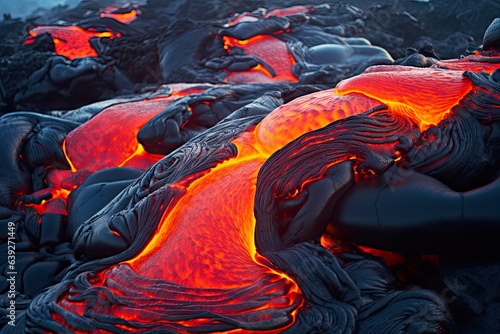 Lava Flowing onto Hawaiian Lavafield. Red Orange Molten Lava and Grey Lavafield with Glossy Rocky Land and Vog on Background photo