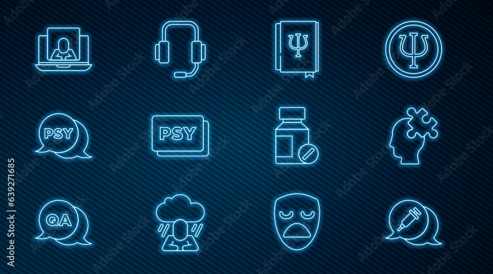 Set line Addiction to the drug, Solution problem, Psychology book, Psi, Psychology,, Psychologist online, Sedative pills and icon. Vector Set line Addiction to the drug, Solution problem, Psychology book, Psi, Psychology,, Psychologist online, Sedative pills and icon. Vector