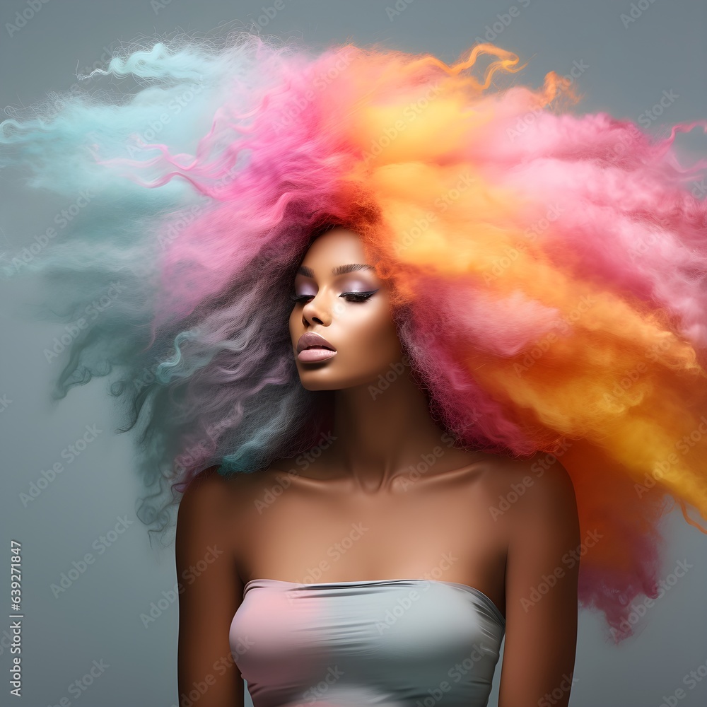beautiful young girl with long curly hair, brightly colored hair, rainbow color, unicorn, healthy hair concept, hair care, curls. Stylist and hairdressing concept. AI generated
