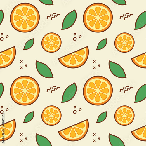 Orange Slice Seamless Pattern. Organic Healthy Summer Fruit Pattern. Fresh Citrus Fruit Background With Green Leaves.