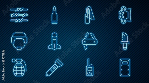 Set line Military assault shield, knife, Cocktail molotov, Rocket, helmet, Barbed wire, Swiss army and Bullet icon. Vector