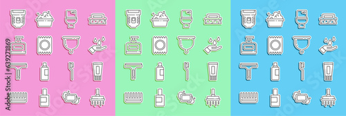 Set line Shower head, Tube of toothpaste, Washing hands with soap, Toilet bowl, Condom package safe sex, Bottle shampoo, Epilator and Menstrual cup icon. Vector