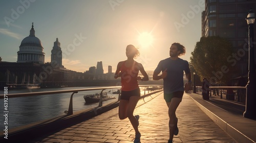 Mid adult couples. man and woman running (jogging) together in the morning. Generative AI