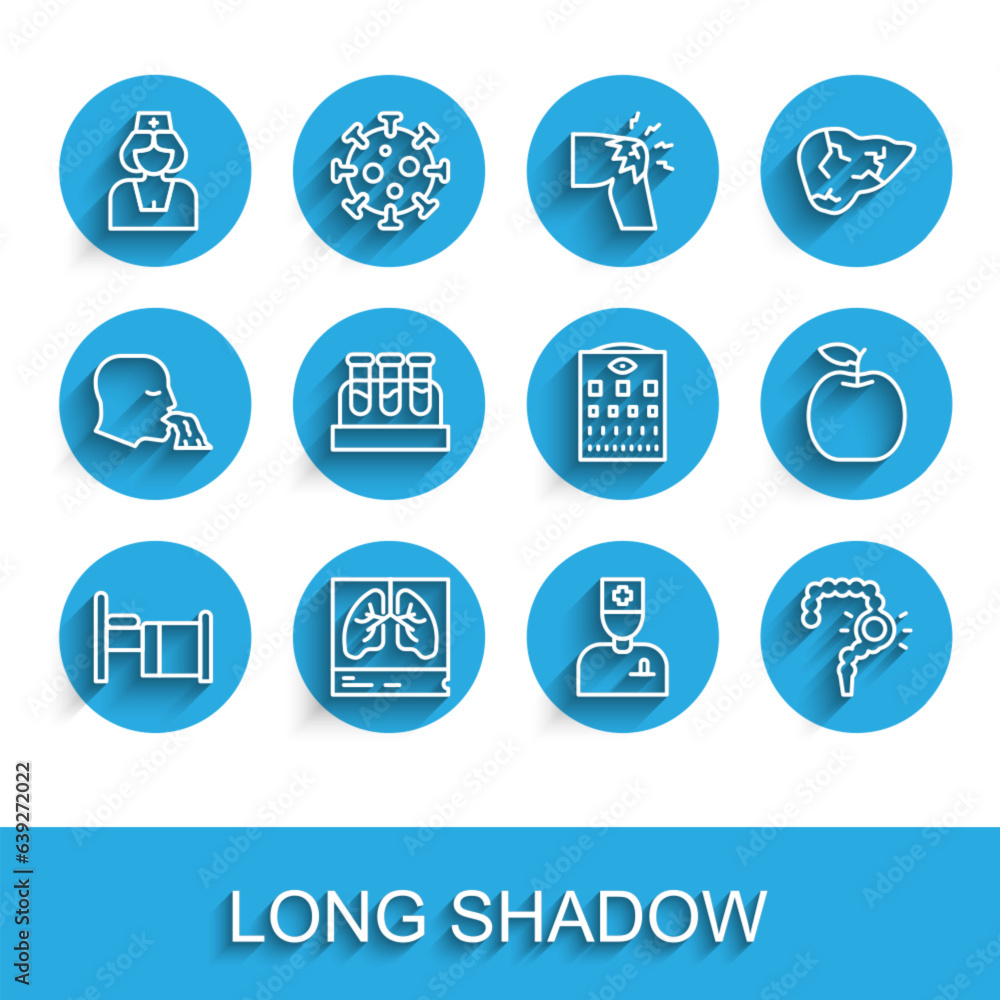 Set line Hospital bed, Lungs x-ray, Nurse, Male doctor, Gut constipation, Test tube with blood, Apple and Eye test chart icon. Vector Set line Hospital bed, Lungs x-ray, Nurse, Male doctor, Gut constipation, Test tube with blood, Apple and Eye test chart icon. Vector