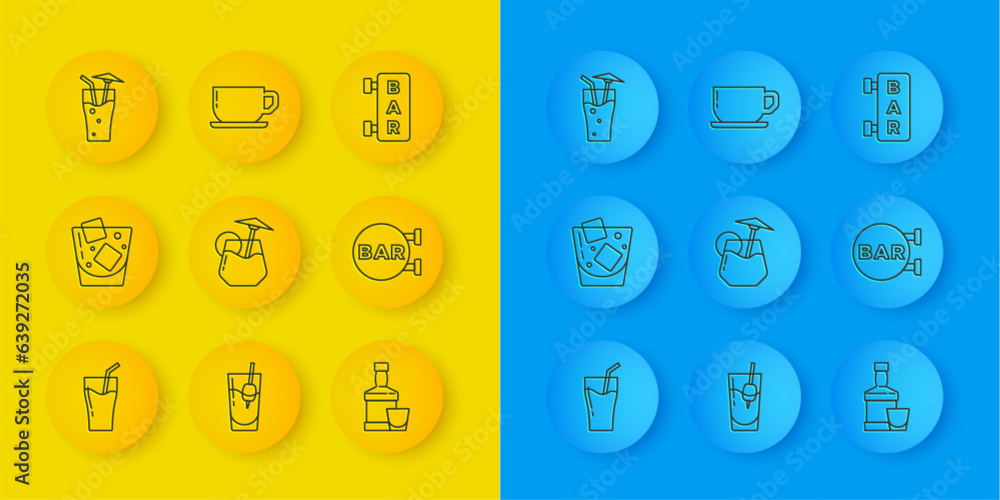 Set line Glass of juice, whiskey, Cocktail, Whiskey bottle and glass, Street signboard with Bar, and Coffee cup icon. Vector Set line Glass of juice, whiskey, Cocktail, Whiskey bottle and glass, Street signboard with Bar, and Coffee cup icon. Vector