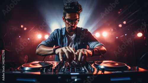 Fotografia DJ plays during at nightclub during party.