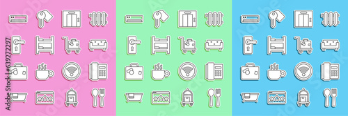 Set line Fork and spoon, Telephone handset, Sofa, Lift, Hotel room bed, Door handle, Air conditioner and Suitcase icon. Vector